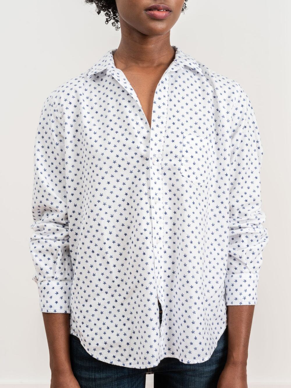 Frank & Eileen Barry White Navy Star Print Cotton Button Up Shirt Womens Medium